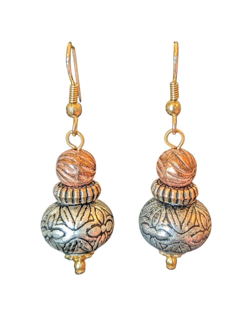 Tri-Color Metal Boho Dangle Bead Earrings